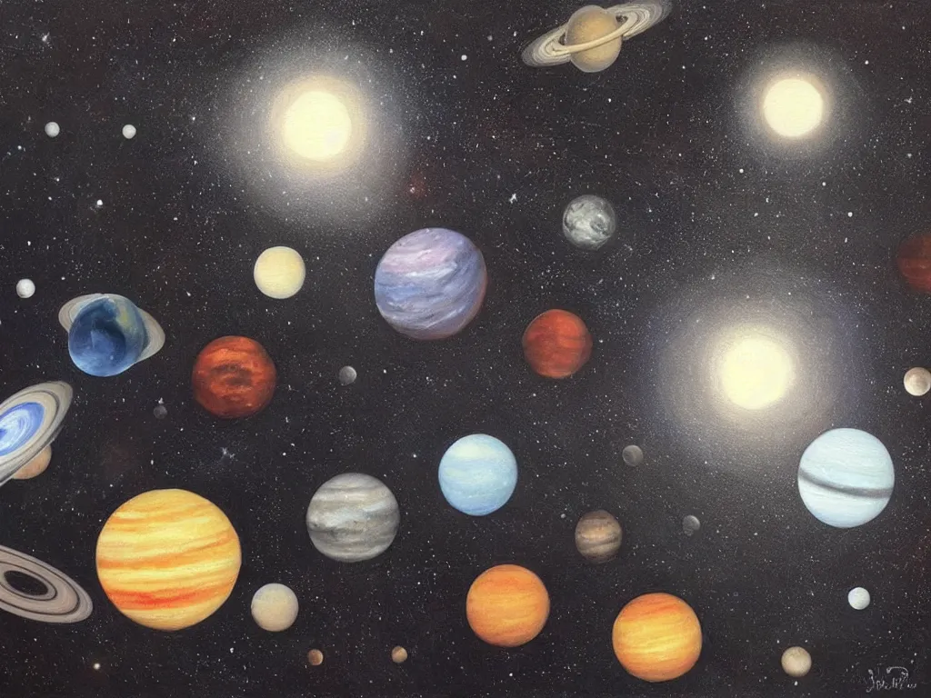 Prompt: A beautiful painting of a five planets, There are only five planets that are black, white, yellow, red, and blue, behind the galaxy and the universe, Trending on artstation, starry sky, Gioele Muscolino