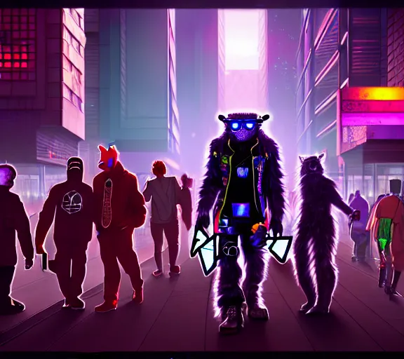 Image similar to high - resolution photograph from a cyberpunk era furry fandom convention ( midwest furfest 2 0 4 7 ), taking place after the genetic revolution and singularity. photorealistic.