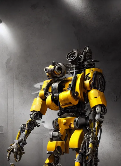 Prompt: a photorealistic dramatic hyperrealistic render of a futuristic exosuit power loader heavy machinery, ultra realistic details, glossy yellow, well worn, rust, oil stains by vitaly bulgarov and mike nash, beautiful dramatic dark moody tones and lighting, cinematic atmosphere, studio lighting, shadows, dark background, octane render, 8 k