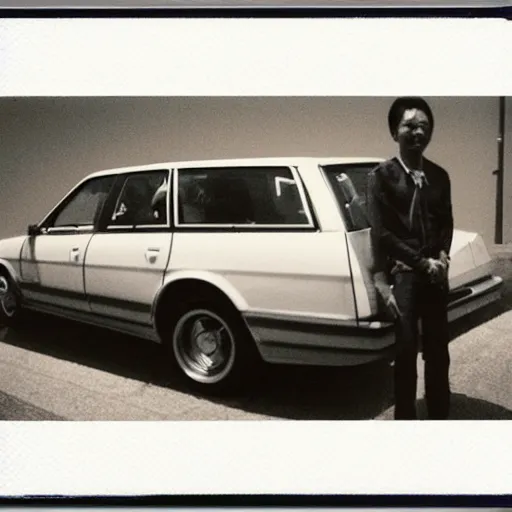 Prompt: Polaroid photo of an astronaut standing next to a Station Wagon in Tokyo, at midnight