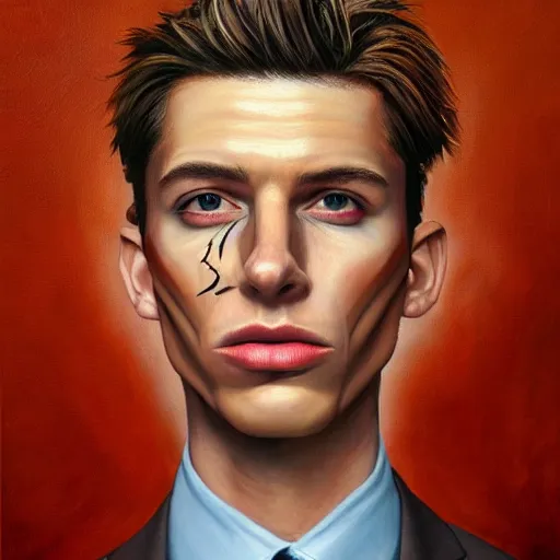 Image similar to a hyper realistic painting of a calm young man in a burning business suit, his clothes are burning, full body painting, long shot, coherent symmetrical eyes, by jeffrey smith, by andrea kowch, by steve henderson, masterpiece, trending on artstation,