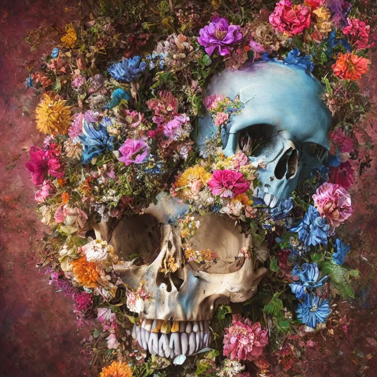 Image similar to A beautiful oil painting hyperrealism of a decayed head, rotting clay skin, skull bones, flowers, floral headdress, 8k resolution, octane render, Trending on artstation, by Gediminas Pranckevicius, volumetric light 2blue fractal Thunder glow by dan mumford, anaglyph effect, Laurie Lipton