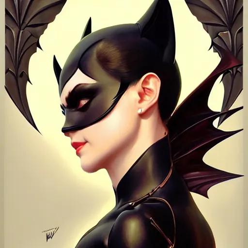 Image similar to 3 / 4 view of a portrait of bat woman with bat wings, confident pose, pixie, genshin impact,, intricate, elegant, sharp focus, illustration, highly detailed, concept art, matte, trending on artstation, art by wlop and artgerm and greg rutkowski, h 6 4 0