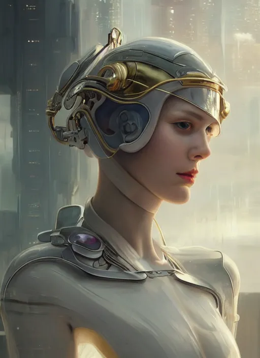 Image similar to beautiful delicate imaginative streamlined elegant futuristic close up portrait of a cyberpunk female sitting with elegant deadly looks, mechanical body on gold linings, smooth white and soft by ruan jia, tom bagshaw, alphonse mucha, krenz cushart, beautiful cyberpunk buildings in the background, epic sky, vray render, artstation, deviantart, pinterest, 5 0 0 px models