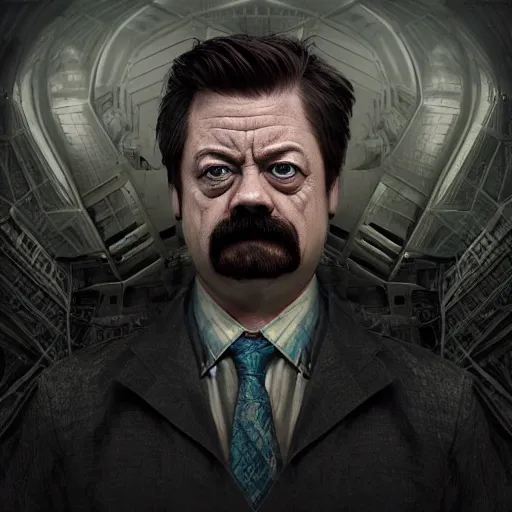 Image similar to Very very very very highly detailed epic central composition photo of Ron Swanson face, intricate, dystopian, sci-fi, extremely detailed, digital painting, smooth, sharp focus, illustration, intimidating lighting, incredible art by Brooke Shaden, artstation, concept art, Octane render in Maya and Houdini