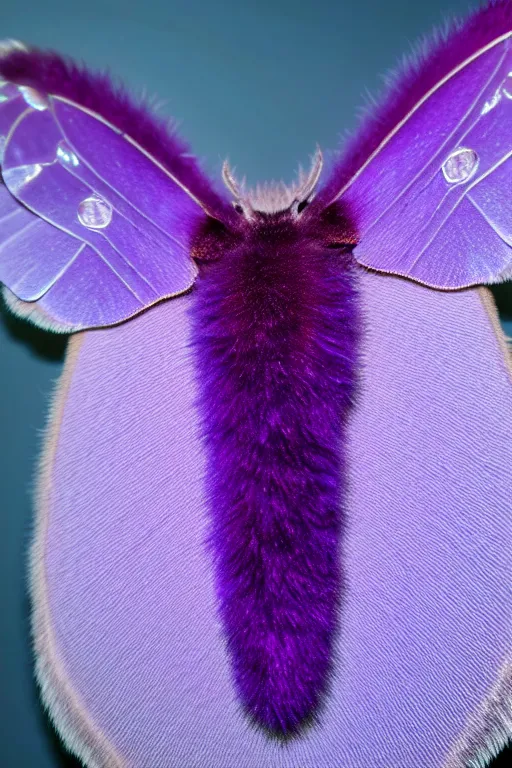 Image similar to high quality macro photo pearlescent furry moth! jeweled gorgeous! highly detailed david ligare elson peter cinematic purple neon lighting high quality low angle hd 8k sharp shallow depth of field