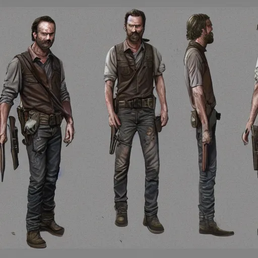 Image similar to character design sheet, rick grimes, the walking dead, fantasy, medieval, vivid colors, concept art, sharp focus, digital art, Hyper-realistic, 4K, Unreal Engine, Highly Detailed, HD, Dramatic Lighting by Brom, trending on Artstation