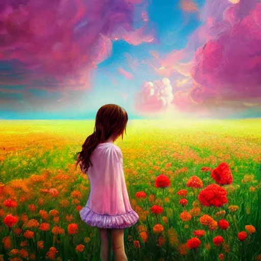 Image similar to head of carnations flower, girl in a flower field, surreal photography, sunrise dramatic light, impressionist painting, colorful clouds, digital painting, artstation, simon stalenhag, flower face