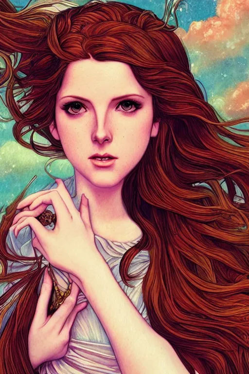 Prompt: goddess who looks like anna kendrick, inspired by pre-raphaelite paintings and shoujo manga, amazing detail, stunning lines, flat colors, 4K, digital illustration, character concept