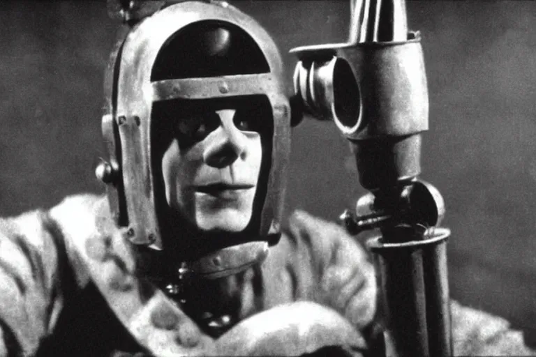 Image similar to A movie still of a 1920s silent film featuring Bender from Futurama