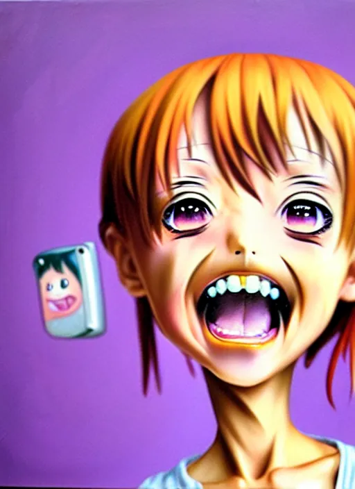 Image similar to a hyperrealistic oil painting of a kawaii anime girl figurine caricature with a big dumb grin featured on nickelodeon by dave mckean