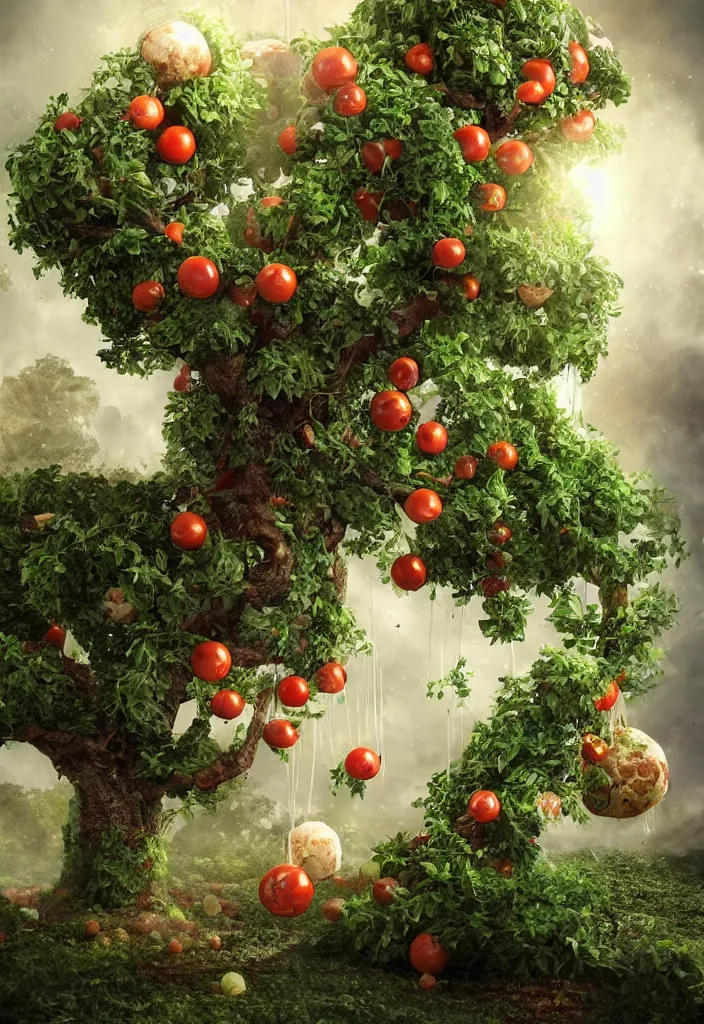 Prompt: extremely detailed fantasy tree growing out of a mozzarella ball, tomatoes hanging from the branches, very large basil leaves, twisted trunk, lots of mozzarella balls hanging in tree, plenty mozzarella, a fire burning in the pizza oven in the background, masterpiece, volumetric light, by cyril aquasixio rolando