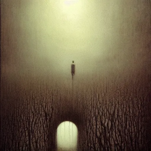 Image similar to dark atmosphere foggy landscape with a strange monster legs like a spider in The back dramatic lighting horror Beksinski