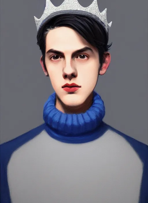 Image similar to portrait of teenage jughead jones wearing a light grey crown, crown, blue turtleneck, 1 9 5 0 s, closed eyes, photorealistic, black hair, glowing lighting, intricate, elegant, glowing lights, highly detailed, digital painting, artstation, concept art, smooth, sharp focus, illustration, art by wlop, mars ravelo and greg rutkowski