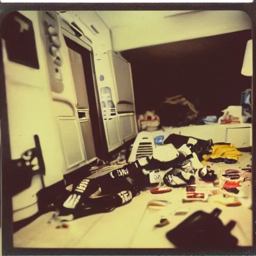 Image similar to Polaroid photo, cinematic tone, A stormtrooper lying on their backs on the floor, cluttered 80s American room, liquor bottles and clothes scattered on the floor