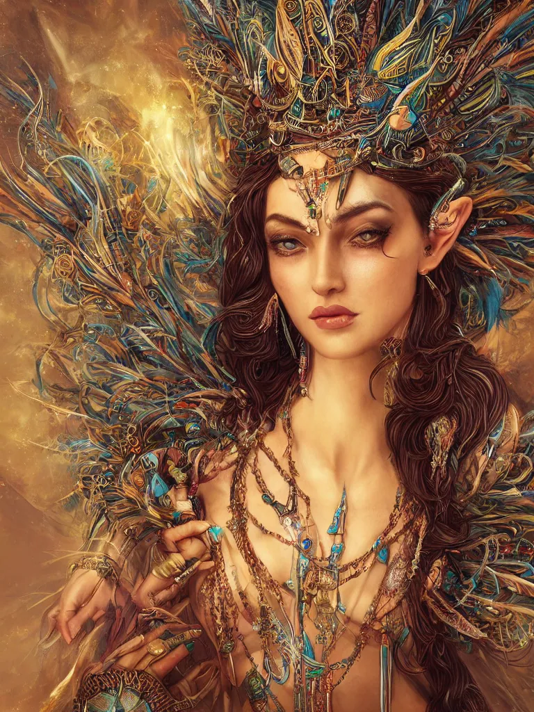 Prompt: a mystical tribal goddess adorned with feathers and gemstones and cables and synthesizer parts is surrounded by sacred geometry made from elven architecture, full body, gorgeous, perfect face, powerful, cinematic, beautifully lit, by artgerm, by karol bak, 3 d, trending on artstation, octane render, 8 k