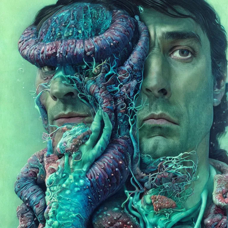 Prompt: Hyperrealistic intensely colored close up studio Photograph portrait of a deep sea bioluminescent Jon Hamm covered in chromatophores, symmetrical face realistic proportions eye contact, sitting on a Rock underwater, award-winning portrait oil painting by Norman Rockwell and Zdzisław Beksiński vivid colors high contrast hyperrealism 8k