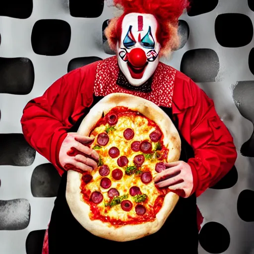 Image similar to clown dressed up as a pizza, clowcore, michelin star food, clowncore funhouse, photo by annie leibowitz