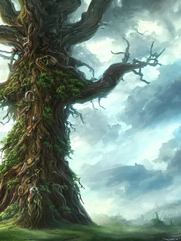 Prompt: tall yggdrasil, tall tree, fantasy art, warhammer fantasy setting, clouds detailed, digital art, wallpaper, fantastically beautiful, artstation, 8 k