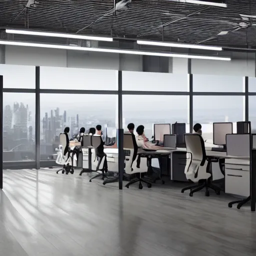 Image similar to a large number of monkeys are sitting in cheap office chairs staring at computer screens in a crowded office with cubicles, the computer screens have bitcoin logos, hyperrealism, unreal engine 5, 4 k, harsh contrast lighting