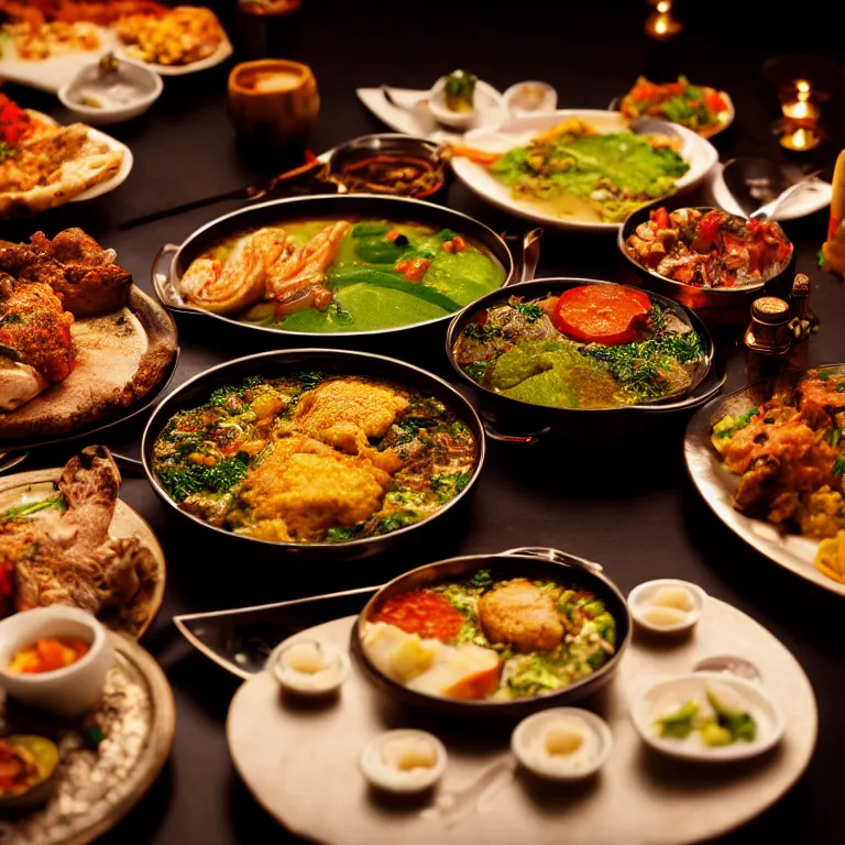 Prompt: close - up focused dslr photograph of an omani dinner, 8 k, high detail, volumetric lighting, hyperrealism, aesthetically pleasing, studio lighting, trending