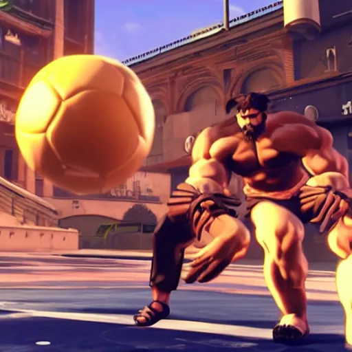 Prompt: a bearded man with short hair, brown eyes, using soccer balls as weapons in street fighter 5, game,