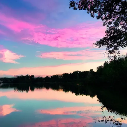 Image similar to dreamland blush colored sky with light feathery pink clouds on a reflective waveless flat open infinite lake mirroring the sky with a giant inflatable waterslide in the middle