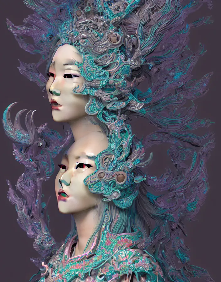 Image similar to 3 d goddess medium shot profile portrait. beautiful intricate highly detailed korean gumiho mask and traditional korean hanbok. stingray, magpie, stingray, magpie, bioluminescent, plasma, lava, ice, water, wind, creature, fog, artwork by tooth wu and wlop and beeple and greg rutkowski, 8 k trending on artstation,