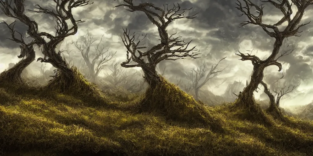 Image similar to bent windswept trees, soilless rocky terrain in background, high quality fantasy art, 4k