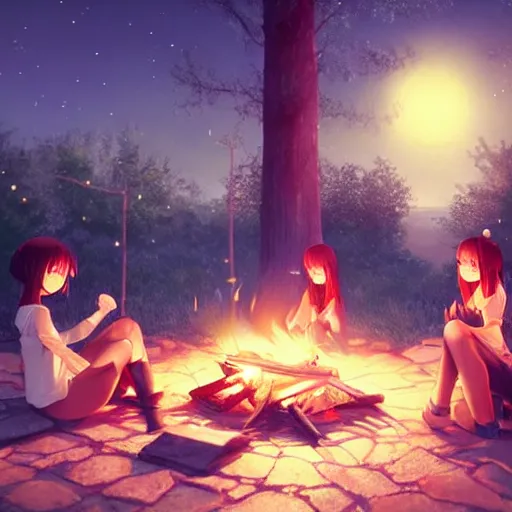 Prompt: very beautiful cute girls sitting around campfire at night, anime art, low angle, trending on artstation, pixiv, octane render, makoto shinkai, manga cover