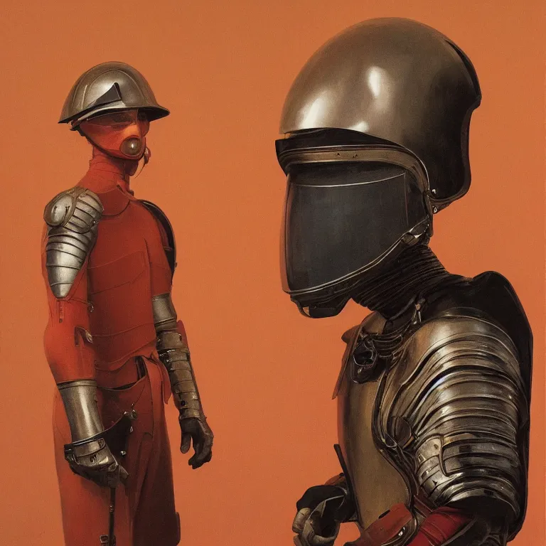 Image similar to portrait of a knight in a motorcycle helmet, fashion studio, lighting, 35mm , Edward Hopper and James Gilleard, Zdzislaw Beksinski, Steven Outram highly detailed