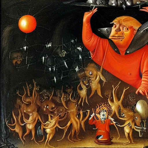 Prompt: donald trump wearing an orange jumpsuit and looking terrified, eating handfuls of classified documents, while small demons and impossible creatures surround him, some of them pecking out his liver, in the style of hieronymus bosch, very realistic, oil on wood, egg tempera