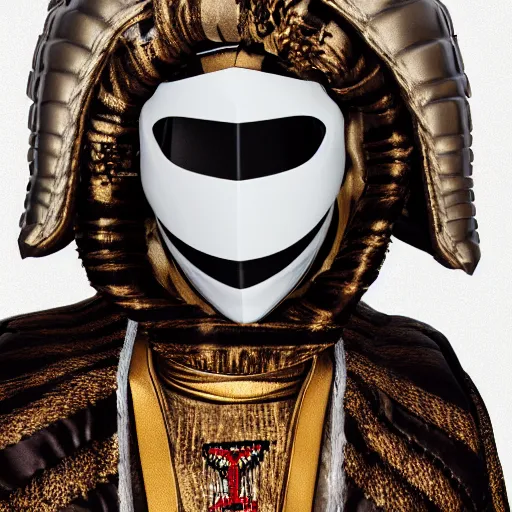 Image similar to portrait of masked dune dynasty with gucci clothes, white background, 8 k, symmetrical, 3 d render, octane render, insane details