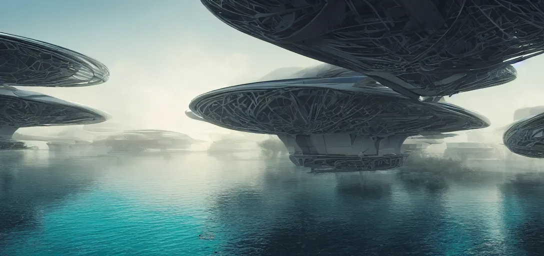 Prompt: highly detailed futuristic architecture by Renzo Piano, reflective lighting, stylized vegetation, ground-level view, puddles of turquoise water, foggy atmosphere, stunning sunny lighting, sunrise, vivid colors, in the style of pixar animation, trending on Artstation, 8k, matte painting, ray tracing, hyper detailed, unreal engine 5, cinematic, epic lighting, cryengine, octane render, cyberpunk, red and orange glow, vibrant