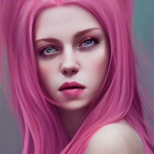 Prompt: portrait of a beautiful woman with long pink hair, trending on artstation, cinematic composition, detailed, hd, digital art, illustration