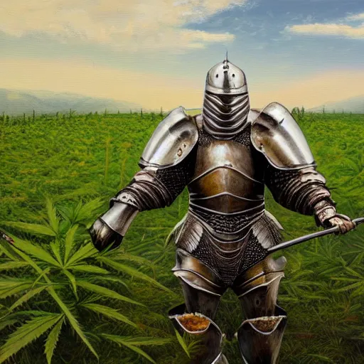 Image similar to a highly detailey oil painting of a full armored knight in a cannabis field. brush strokes. 4 k. colorful. photoshop. trending on artstation