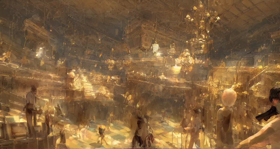 Prompt: craig mullins and ghibli digital art of inside the theater, on the stage, masked female violinists, exotic costumes, gold jewelry, black hair, solo performance unreal engine, hyper realism, realistic shading, cinematic composition, realistic render, octane render, detailed textures, photorealistic, wide shot