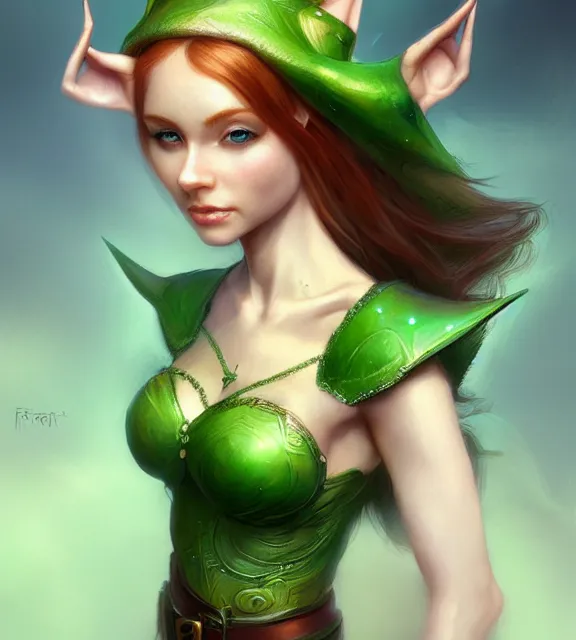 Prompt: cute female elf, perfect face, tiara, pale green halter top, auburn hair, abs, cinematic, blush, stunning, elegant, highly detailed, psychedelic, digital painting, artstation, smooth, hard focus, illustration, art by jessica rossier and and brian froud