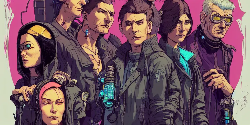 Image similar to cyberpunk heist crew. portrait by stonehouse and mœbius and will eisner and gil elvgren and pixar. character design. realistic proportions. dystopian. cyberpunk 2 0 7 7 character art, blade runner 2 0 4 9 concept art. cel shading. attractive face. thick lines. hi def 4 k. the team. detailed interesting characters. realistic expressive faces.