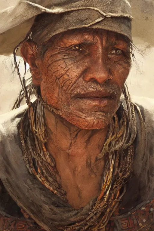 Image similar to aztec fisherman, close - up portrait, poor, intricate, elegant, volumetric lighting, scenery, digital painting, highly detailed, artstation, sharp focus, illustration, concept art, ruan jia, steve mccurry