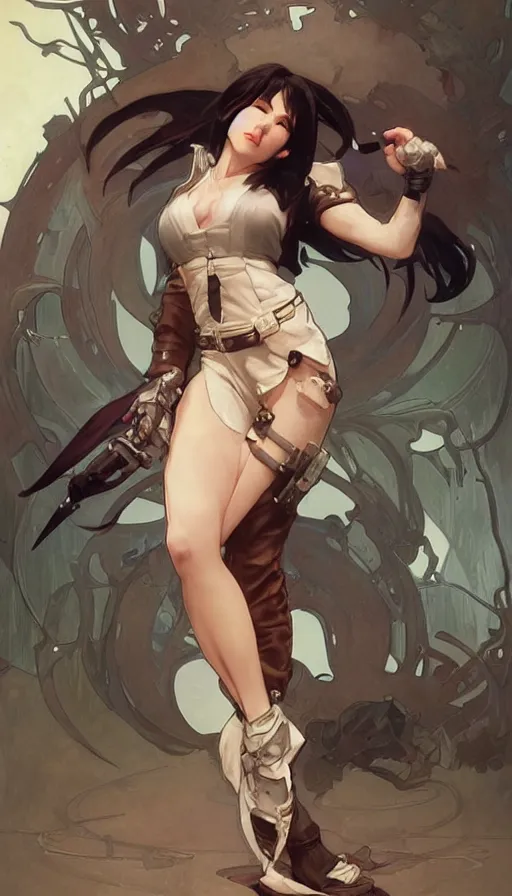 Prompt: tifa lockhart in a cute pinup pose by artgerm, greg rutkowski and alphonse mucha, concept art, matte, intricate, full body, epic composition