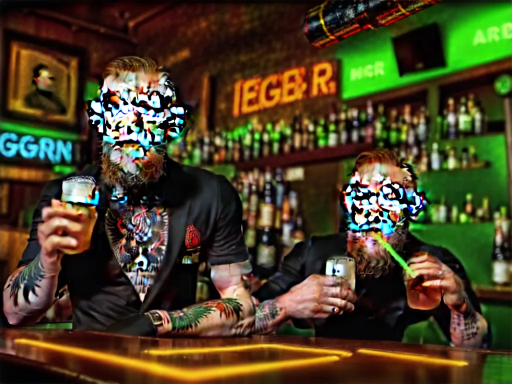 Image similar to a well framed portrait of conor mcgregor drinking a beer in an irish pub with a neon bar, laser lighting, trending on art station, in the style of the movie heat with al pacino, volumetric lighting & shadows, hyper detailed, digital art, unreal engine, 4 0 0 mm f 1. 8,