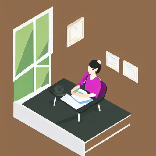 Image similar to isometric flat art of a woman writing at a desk looking out the window