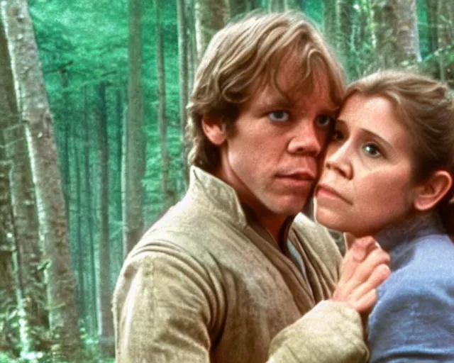 Image similar to luke skywalker, princess leia and han solo hugging and kissing in the forest of endor at the end of return of the jedi, faster, more intense