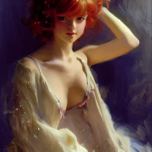 Image similar to a high fashion studio portrait of a cute anime girl, painting by gaston bussiere, craig mullins, j. c. leyendecker