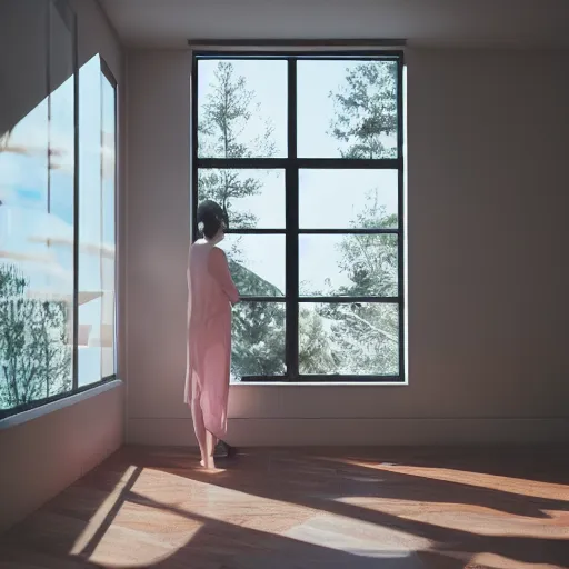 Prompt: person in pyjamas standing near window, sun rays, daylight, big french door window, big spatious room, 2 4 mm, walls left and right, window at the center, wooden floor, modern, pastel palette, winter sun, photorealistic, high ceiling