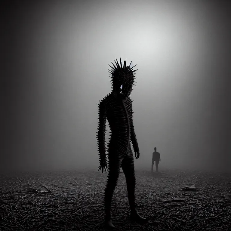 Prompt: surreal portrait of faceless man wearing spiky spinal exoskeleton, black background, baroque painting, desolate empty wasteland, creepy, nightmare, dream-like heavy atmosphere, surreal abandoned buildings, neoclassic, baroque painting, beautiful detailed intricate insanely detailed octane render trending on Artstation, 8K artistic photography, photorealistic, volumetric cinematic light, chiaroscuro, Raphael, Caravaggio, Beksinski, Giger, Rembrandt