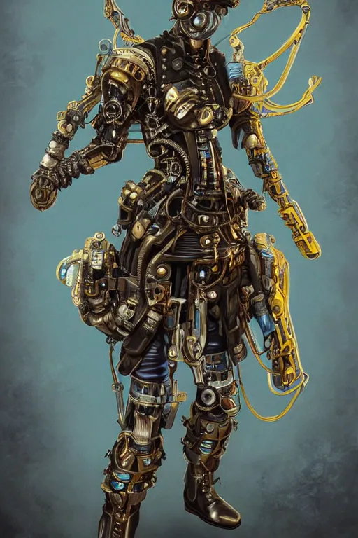 Image similar to full body Portrait of a steampunk sci-fi cyborg ninja, third person, D&D, sci-fi fantasy, intricate, blue and gold, highly detailed , art by Range Murata, highly detailed, 3d, octane render, bright colors, digital painting, trending on artstation, sharp focus, illustration style of Stanley Artgerm,