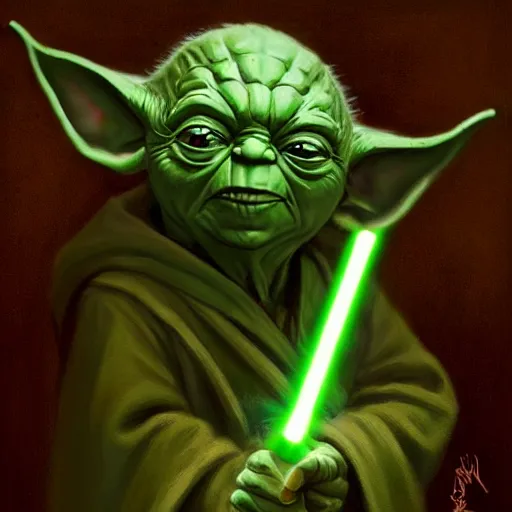Prompt: Master Yoda holding a green lightsaber, oil painting, by Greg Rutkowski