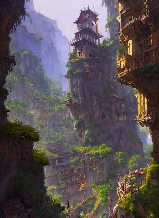 Prompt: medieval city built on terraces in a gigantic canyon, lots of buildings connected by hanging bridges, waterfalls, warm glow coming the ground, lush vegetation, pitchblack sky, extremly detailed digital painting, in the style andreas rocha and greg rutkowski and peter mohrbacher, rim light, beautiful lighting, 8 k, stunning scene, octane, trending on artstation